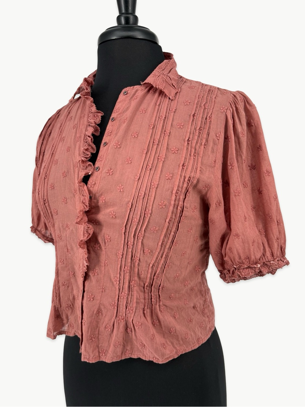 DÔEN Bird Top in Canyon Size Small Cotton Pintuck Ruffle Embroidered Blouse Rare - Picture 7 of 15